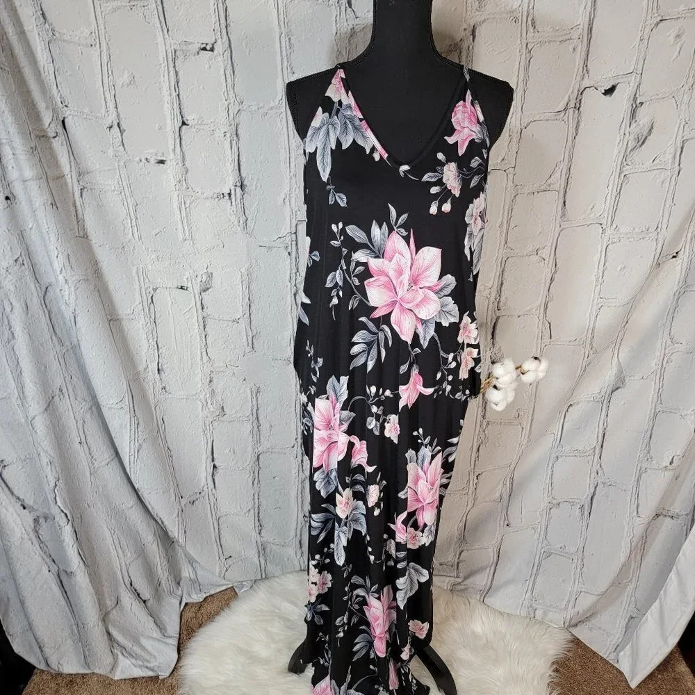 BLACK Pink Floral Maxi Dress‎ Spaghetti Strap Side Slits Pockets Sheer Summer L